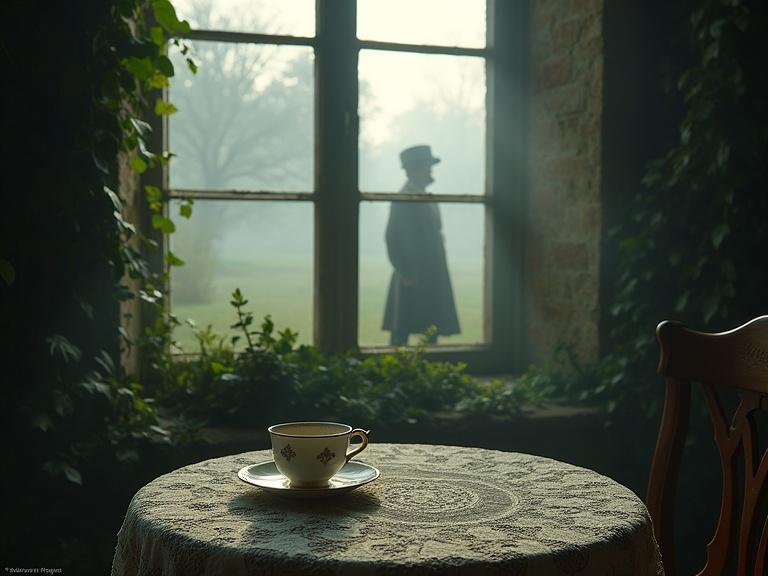 An old English countryside manor surrounded by misty gardens. Ivy-covered walls with early morning light. Vintage teacup sits on a lace-covered table near a cracked window. Solitary figure in trench coat observes from shadows. Evokes atmosphere of mystery and suspense.
