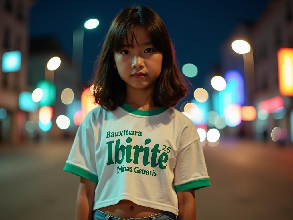 The image features a young girl standing confidently in the foreground, wearing a casual t-shirt that highlights the name 'Ibirité' from Minas Gerais. The background is filled with softly blurred urban lights, creating a vibrant night scene. The girl has shoulder-length hair and a subtle expression, standing out against the colorful and illuminated street. The composition focuses on her, drawing attention to both her attire and the lively atmosphere around her. This urban setting adds a modern touch to the child's portrait.