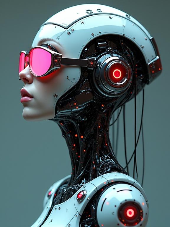 Stunning portrait of a cyberpunk android seen from the side. The android has a shiny black surface, large round headphones, and reflective sunglasses. A blend of metallic and organic elements create a biomechanical look. Lighting features a dramatic contrast between red and blue hues.