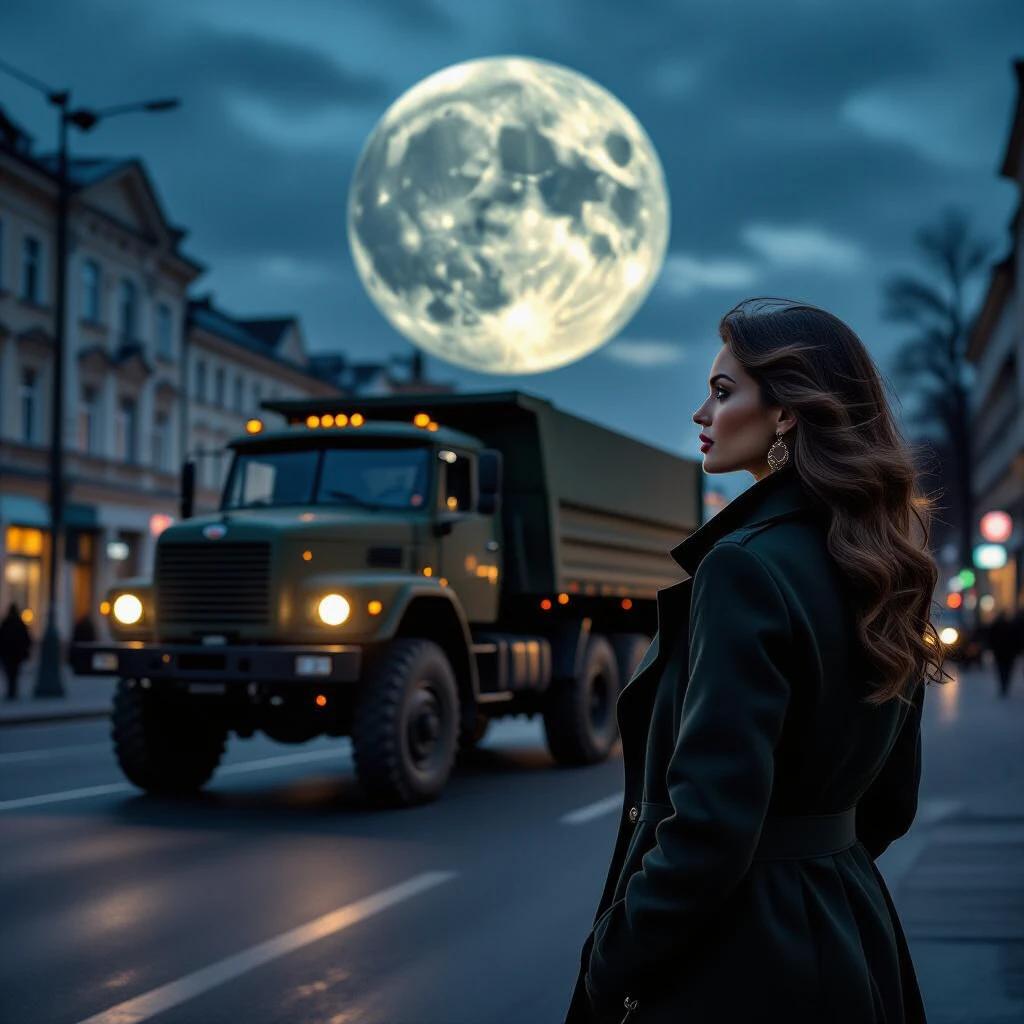 Photograph of an urban street at night. A large Soviet-style military truck is driving past. A mature beauty woman stands on the sidewalk gazing at the truck. The scene is illuminated by a dramatic, light-filled moon in the background. Clear details of the truck and woman. The atmosphere feels epic and emotional, with a focus on realism.