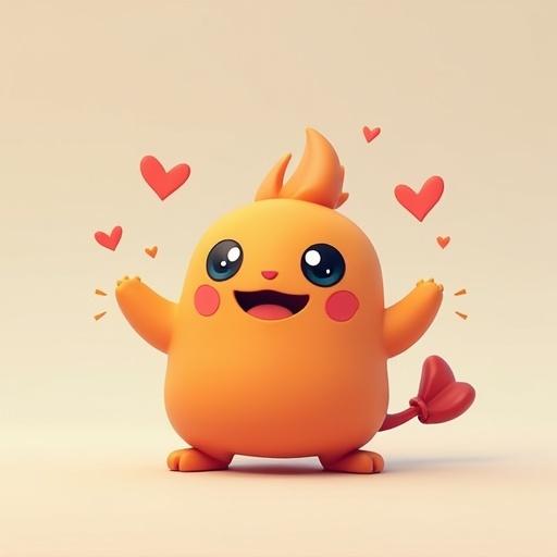 A cute and adorable monster inspired by Pokemon. The character is round and orange with a cheerful expression. It has small arms and a heart-shaped tail.