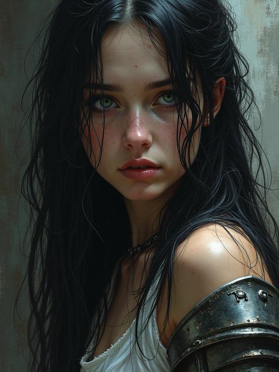 Detailed dark fantasy illustration of a young girl with raven black hair. She has noticeable freckles and an expression of sadness. The background is dark and dungeon-like. The girl is in a dramatic pose, appearing defeated and vulnerable. Her armor is damaged. The artwork emphasizes her delicate features and emotions.