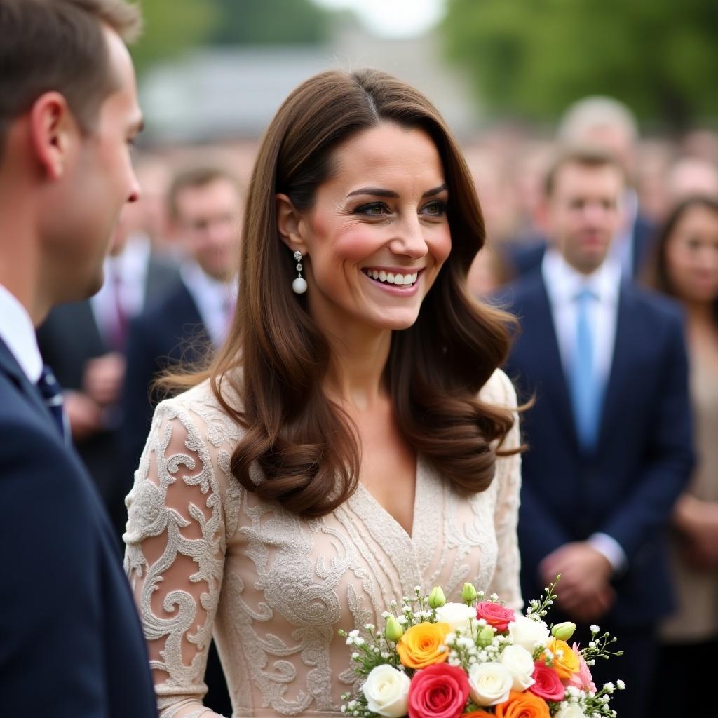 A woman in an elegant dress holding a bouquet at a formal event. She stands out in a group of people, with a soft focus on the background. Natural outdoor setting enhances the atmosphere.