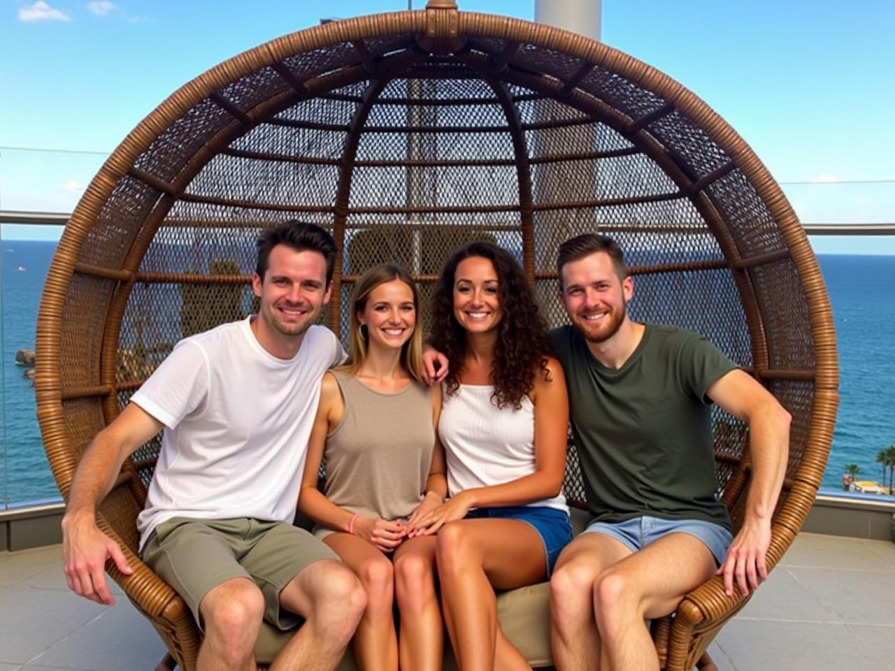 A group of four people is sitting in a large, round wicker chair on a balcony or deck overlooking a scenic view. The background features a clear blue sky, indicating it might be a warm day. The people are dressed casually, with some wearing shorts and T-shirts while one is in a light, semi-transparent cover-up. They are all smiling and appear to be enjoying their time together. The setting suggests a relaxed, fun atmosphere, likely at a resort or during a family outing.