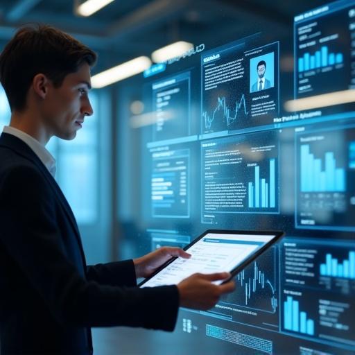 Advanced CRM system visualization with a business analyst. Analyst navigates floating customer profiles and predictive analytics charts. Scene has a polished corporate-tech vibe with white and blue interface glow. Dynamic depth through layered UI elements in a softly defocused office setting.