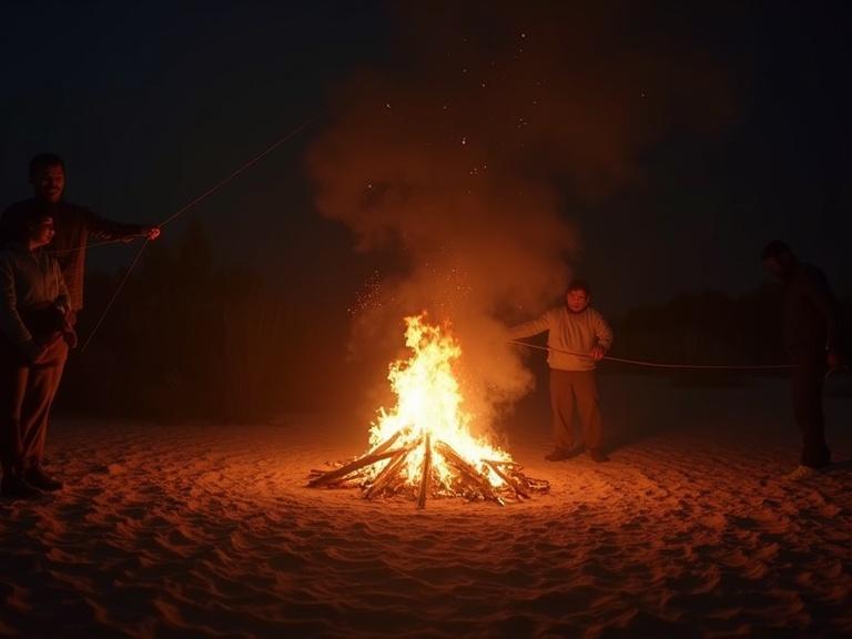 Night scene of a bonfire on a beach. Flames are glowing intensely. Several people are gathered around the fire, one appears to be pointing. The background is dark with sand visible.