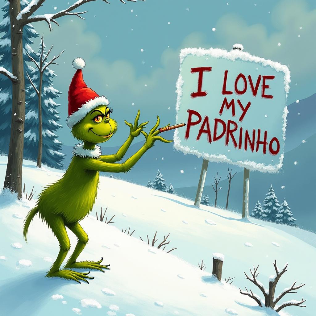 Playful Grinch writing a message in the snow in a winter landscape. The Grinch wears a red Santa hat. The background features snowy trees and mountains. A sign mentions 'I LOVE MY PADRINHO.'