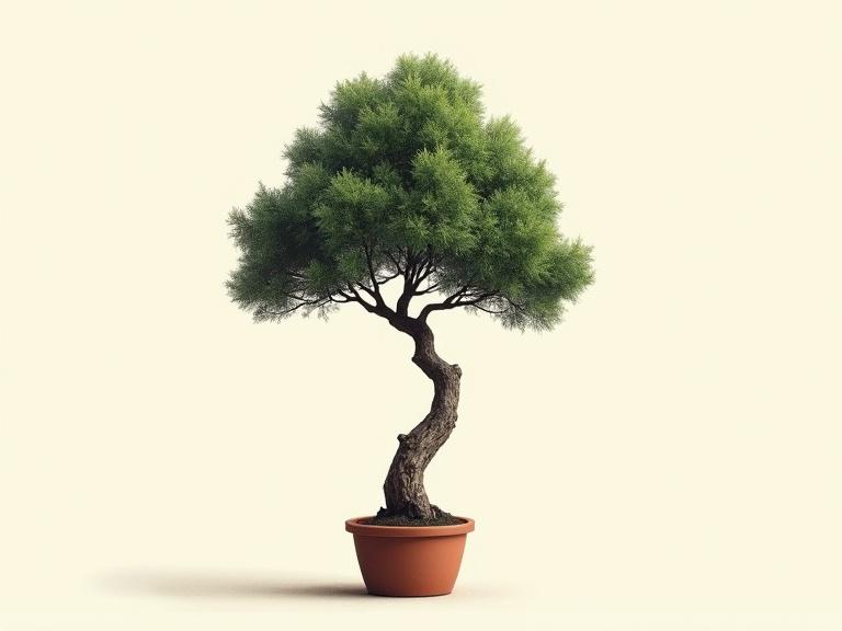 Modern screen printed poster art illustration of a miniature tree. Tree is realistic and features strong lighting with a very simple background. The tree has a highly asymmetric, gnarled trunk and is placed in a simple clay pot.
