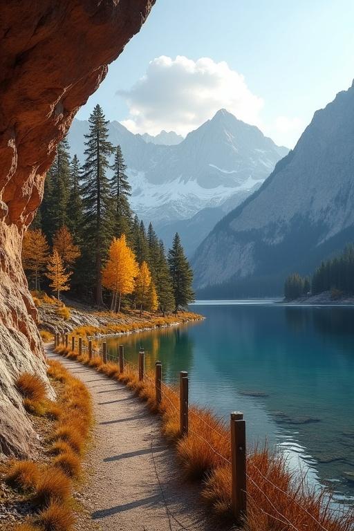 Ultra-realistic mountain landscape in autumn. Winding dirt path beside crystal-clear lake. Red rock cliff overhanging path. Golden autumn trees lining shoreline. Pine-covered mountains rising sharply, snow-draped peaks in distance. Soft afternoon light with partly cloudy sky. Mirror-like lake reflecting trees and mountains. Peaceful and serene atmosphere for autumn escape.