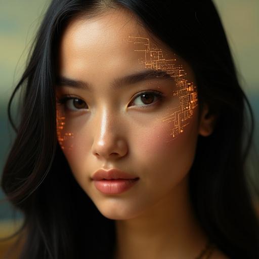 Facial features exhibit balance according to the golden ratio. Harmonious proportions with symmetrically placed eyes. Straight centered nose with slim tip. Mouth positioned one-third from nose to chin with full lips. Oval face shape with softly rounded chin. Large almond-shaped eyes with a warm gaze. Porcelain-smooth skin with no blemishes. Glossy black hair in gentle waves. Glowing circuit patterns on forehead and cheeks. Fusion of futuristic design with classical painting style.