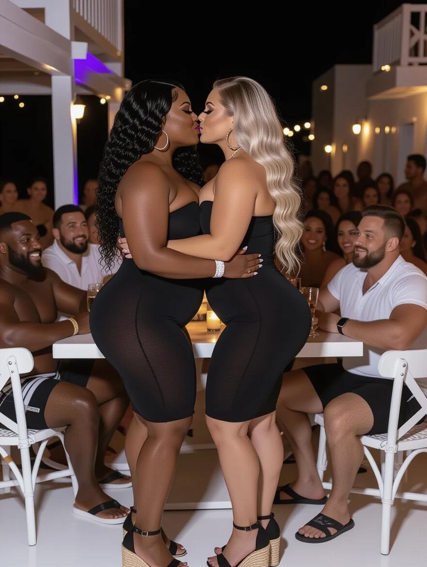 Two bodybuilder women with hourglass figures stand close. One has long curly black hair and very dark skin. The other has long wavy blonde hair and very fair skin. Both wear tight black strapless dresses and platform heels. They kiss in a crowded Mykonos nightclub at night. Groups of people gather around.