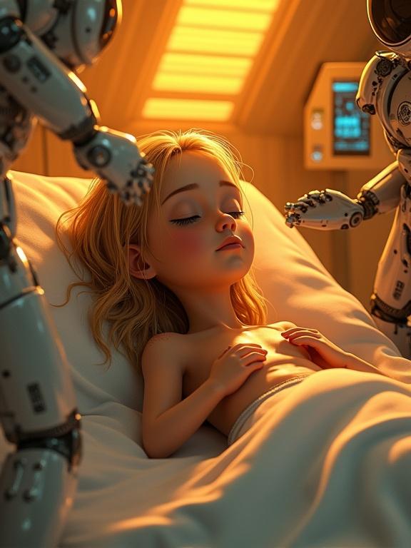 A young tribal pilot-girl with long blonde hair lies asleep on a med-bed. She is without a blanket. Two androids analyze her wound with their medical arms. Warm backlighting illuminates the scene.