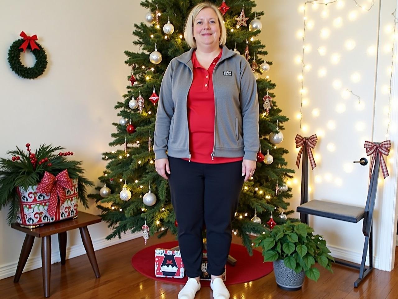 The image shows a person standing in a brightly lit room decorated for Christmas. They are positioned in front of a beautifully decorated Christmas tree that has ornaments and lights. The person is wearing a gray zip-up jacket over a red shirt and dark pants, completing their outfit with white shoes. The room has a cozy feel, with holiday decorations including bows and garlands visible throughout. There are also some potted plants in the background, adding to the festive atmosphere. This scene captures the warmth and cheer of the holiday season.