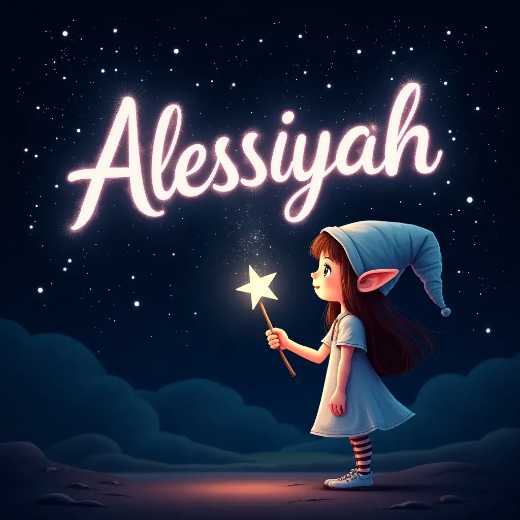 A girl elf is using a magical wand to write names in sparkling text against a starry night sky. The name 'Alessiyah' glows elegantly. The dark background highlights the white and light pink letters. The scene feels magical and whimsical, inviting viewers into a fantasy world.