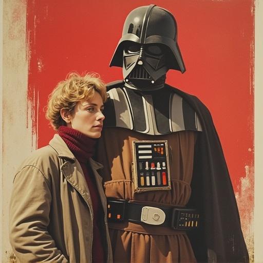 Create a film poster featuring Marthe Hammer and Audun Lysbakken. She stands slightly above him, inspired by the poster of A New Hope. The title 'Sosialistisk Wenstreparti' appears in a classic font at the bottom right. The tagline reads, 'Tog og vil til Voss er ikke lenger langt, langt borte...'