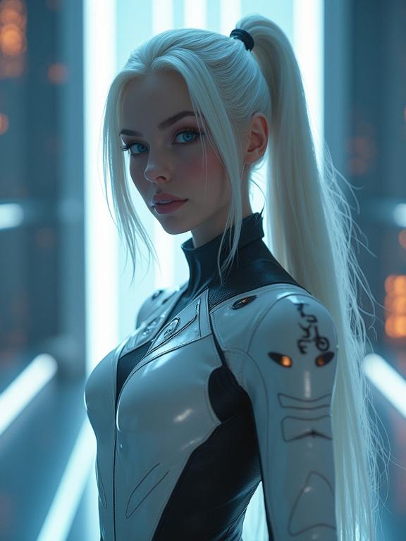 Hyperrealistic character in a futuristic environment. Tigh bodysuit inspired by Star Trek. Long white hair in a ponytail. Striking blue eyes. Low-angle view for dramatic effect. Iconic emblem on attire. Sci-fi background with teleporter effect.