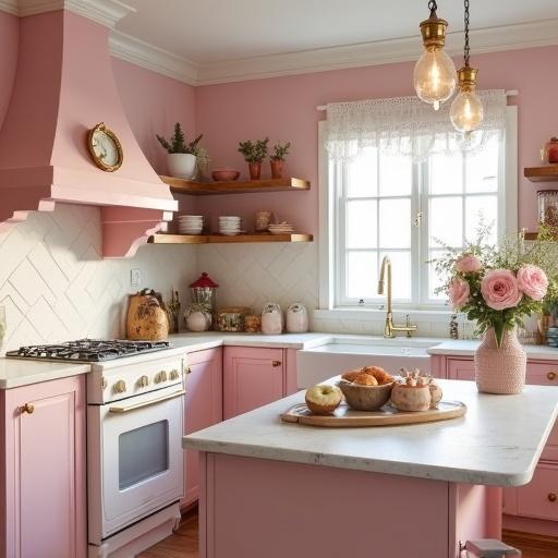 A kitchen designed in shabby chic style featuring shades of pink, white, and gold. Includes light pink rose decorations and a warm inviting atmosphere. Marble countertop on the island. Natural light from a window.