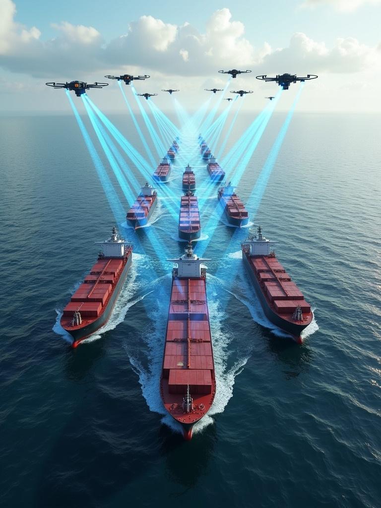 Hyper-realistic 4K image of eleven cargo and tanker ships arranged in a precise formation in the open sea. One ship leads at the front. Others symmetrically paired behind in rows of two. Each ship has visible containers and weathered hull textures. Multiple drones hover above emitting bright blue scanning beams onto the ships and water. Ocean features natural waves and ripples. Calm sea under a partly cloudy sky with realistic lighting and shadows emphasizing a futuristic atmosphere.