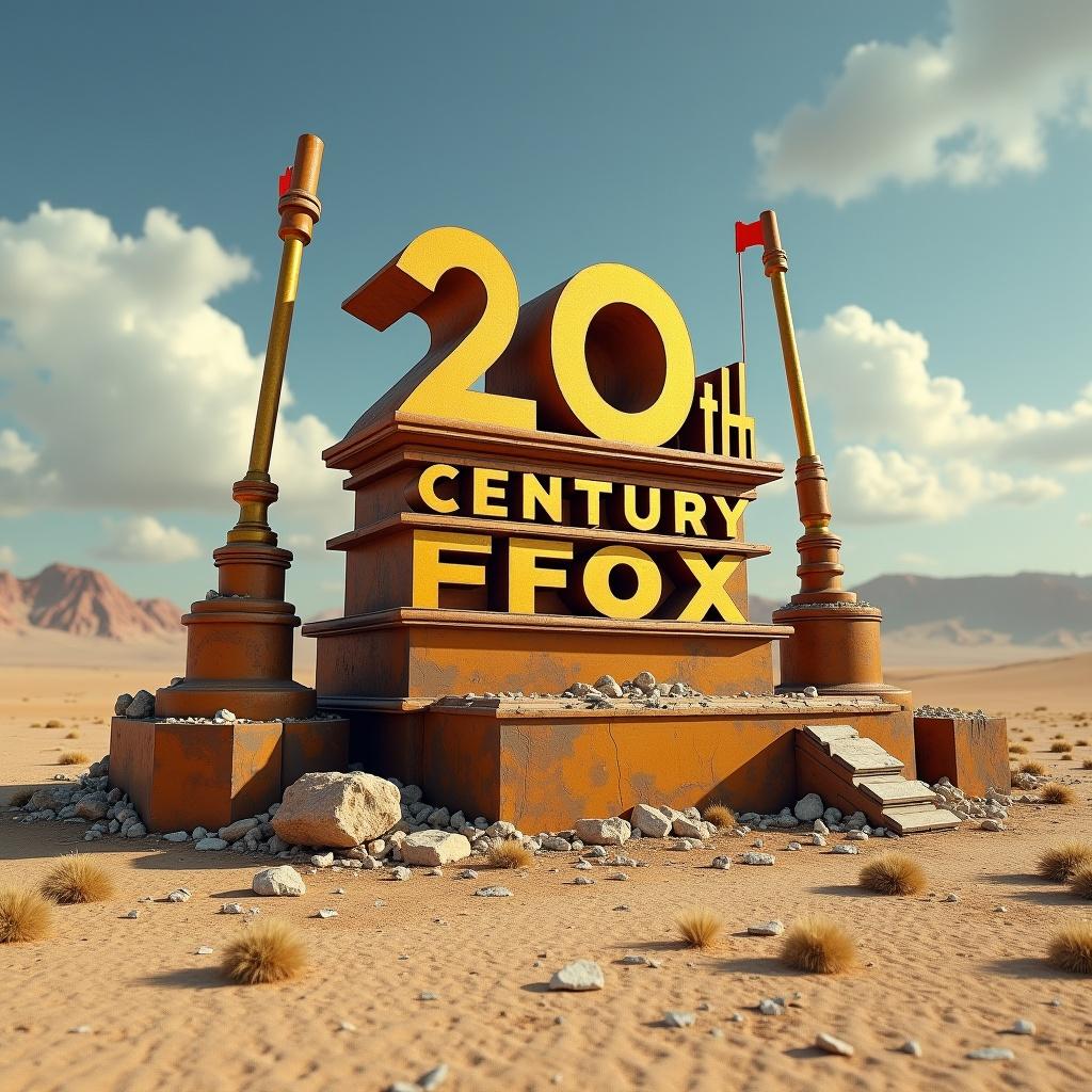 The image depicts a destroyed 20th Century Fox logo set in a barren desert wasteland. The structure appears weathered and damaged, with rocks and sand surrounding it. Bright colors like yellow and brown contrast against a blue sky filled with fluffy white clouds. The golden letters of the logo stand tall but show signs of decay. This scene conveys a sense of desolation and highlights the once-mighty film studio in a dramatic setting.