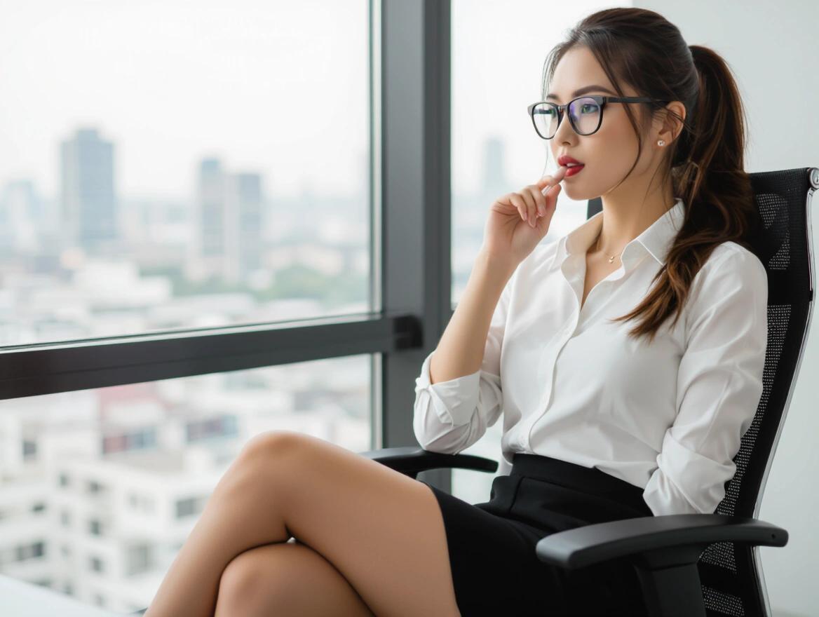 Woman of Asian descent with brunette hair and brown eyes in a professional setting. Dressed in a business skirt and white blouse. Sitting in an office chair, looking out the window while lightly chewing her lip. Showing intense concentration on work, with fingers fidgeting with hair in a ponytail.