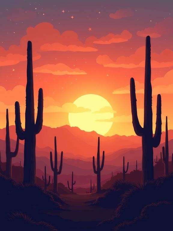 Design captures serene beauty of desert landscape at sunset. Features silhouettes of cacti against vibrant sky. Merges bohemian love for nature with calm atmosphere. Suitable for bridal party looking for unique theme.
