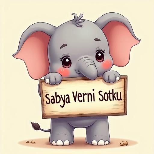 Anime style elephant character. Elephant has soft grey skin and big ears. Elephant is holding a sign that says 'Sabya Verni Sotku'. Friendly and playful expression on the elephant's face. Simple and colorful background.