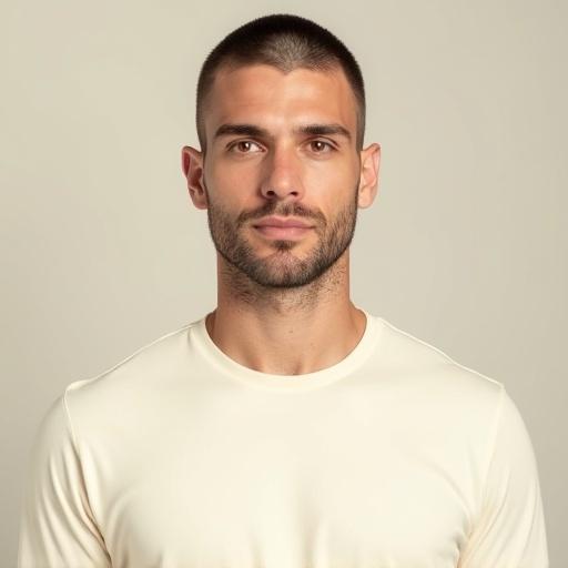 High resolution portrait of a male wearing a cream T-shirt. Full frontal view. Clean-shaven face. Neutral expression. Natural skin texture. Eyes looking into the camera. Soft, even lighting. Simple solid background.