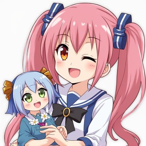 Anime-style illustration of a girl with long pink hair and child-like features. She has a wink expression. An adorable blue-haired girl with green eyes is beside her, wearing a blue sweater and smiling. Both characters display cute traits of anime design.