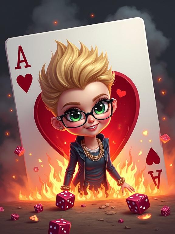 A vibrant digital illustration features a chibi-bratz style woman with short blonde hair and green eyes. She wears glasses and is smiling. She is emerging from an Ace of Hearts card. The card is surrounded by flames, with detailed Ace symbols and dice. Smoke in the background consists of white, pink, red, and black shades.