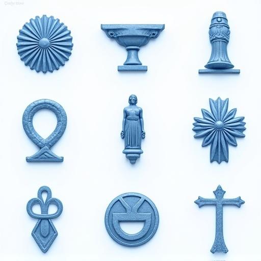Vector pattern with nine ancient Greek symbols. Blueish colors used. Transparent background. Symbols arranged in a grid.