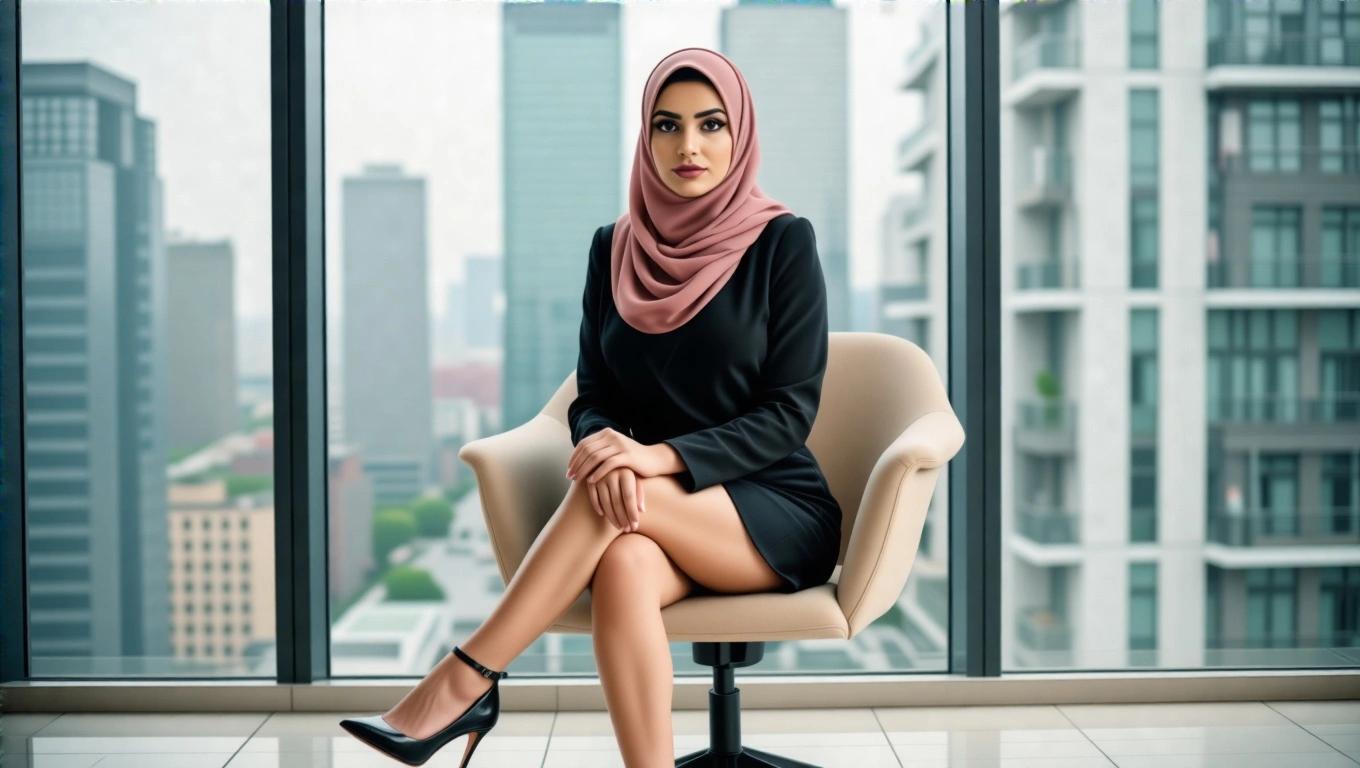 Hijabi woman in a mini skirt and heels sitting in an office. She looks confident and stylish. Large windows show a city skyline.