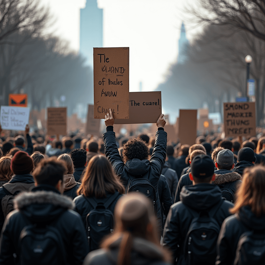 A large crowd of people holding various signs, marching peacefully in an urban setting lined with trees.