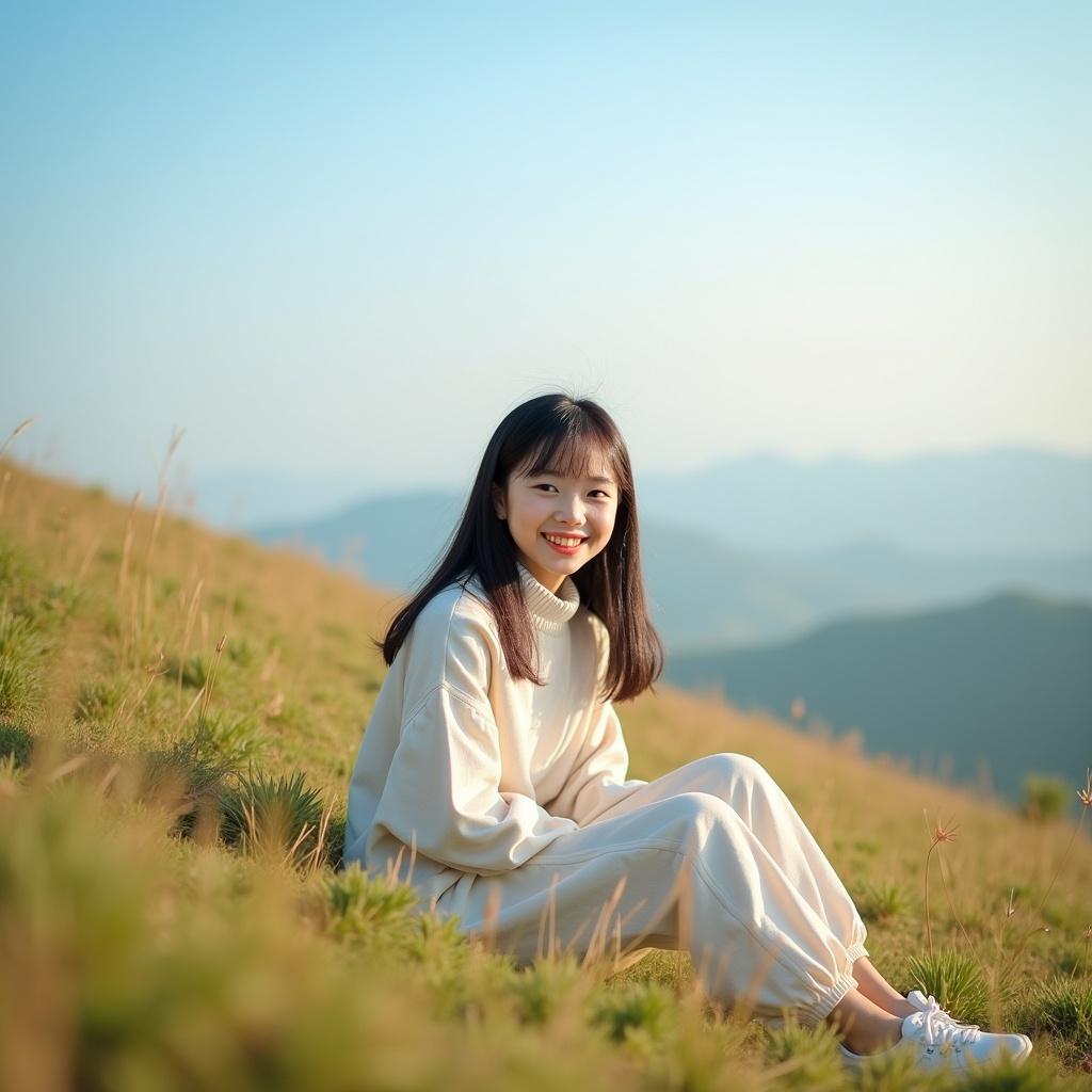 A young woman sitting on a grassy hill during a sunny day, smiling with mountains in the background.