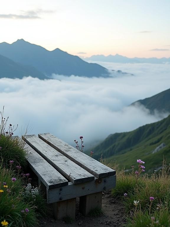 The image shows a tranquil mountaintop scene with a wooden bench overlooking clouds. The bench is weathered and rustic, surrounded by green grass and wildflowers. It captures a serene landscape with blue-gray mountains and a light sky. The atmosphere is peaceful and reflective.