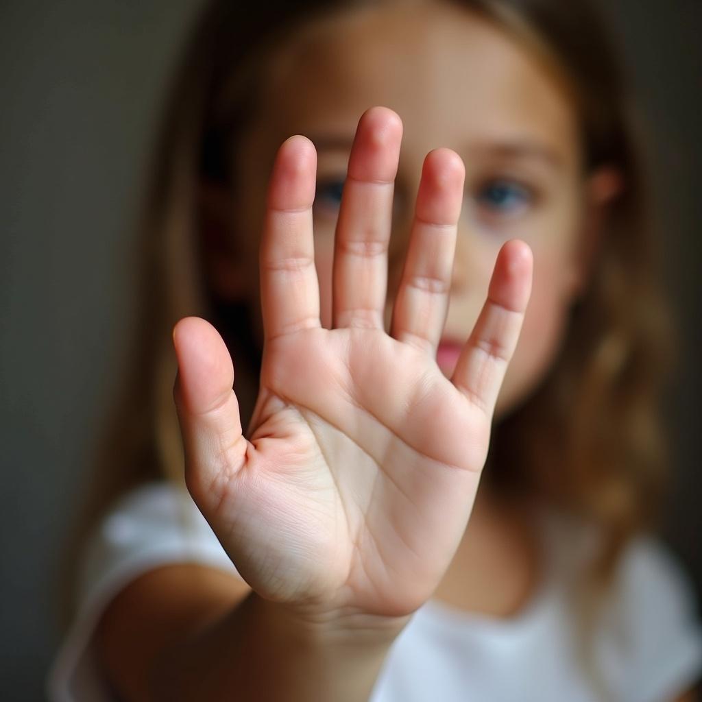 Close up image of a young girl's hand held out in a palm gesture. Focus on the palm.