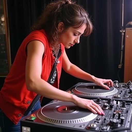 Female DJ performs at DJ competition using two turntables. She demonstrates advanced turntable techniques at a rapid pace during a music event. The setting has a dynamic atmosphere with focused lighting. Her attire adds an energetic touch to the performance.