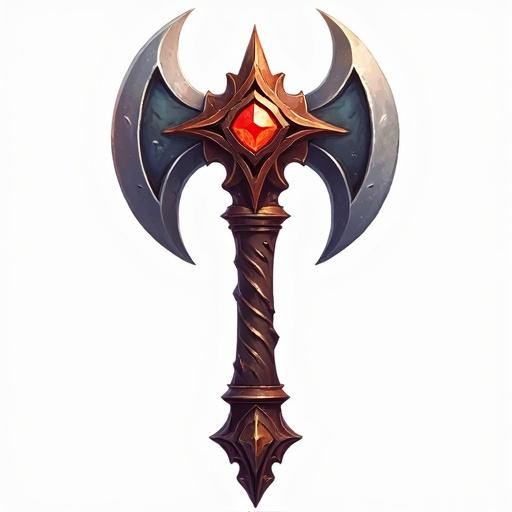 Icon design representing a rare axe for a card game in fantasy style. Features ornate axe head with a giant shining gem. Transparent background. Suitable for video games and card games.