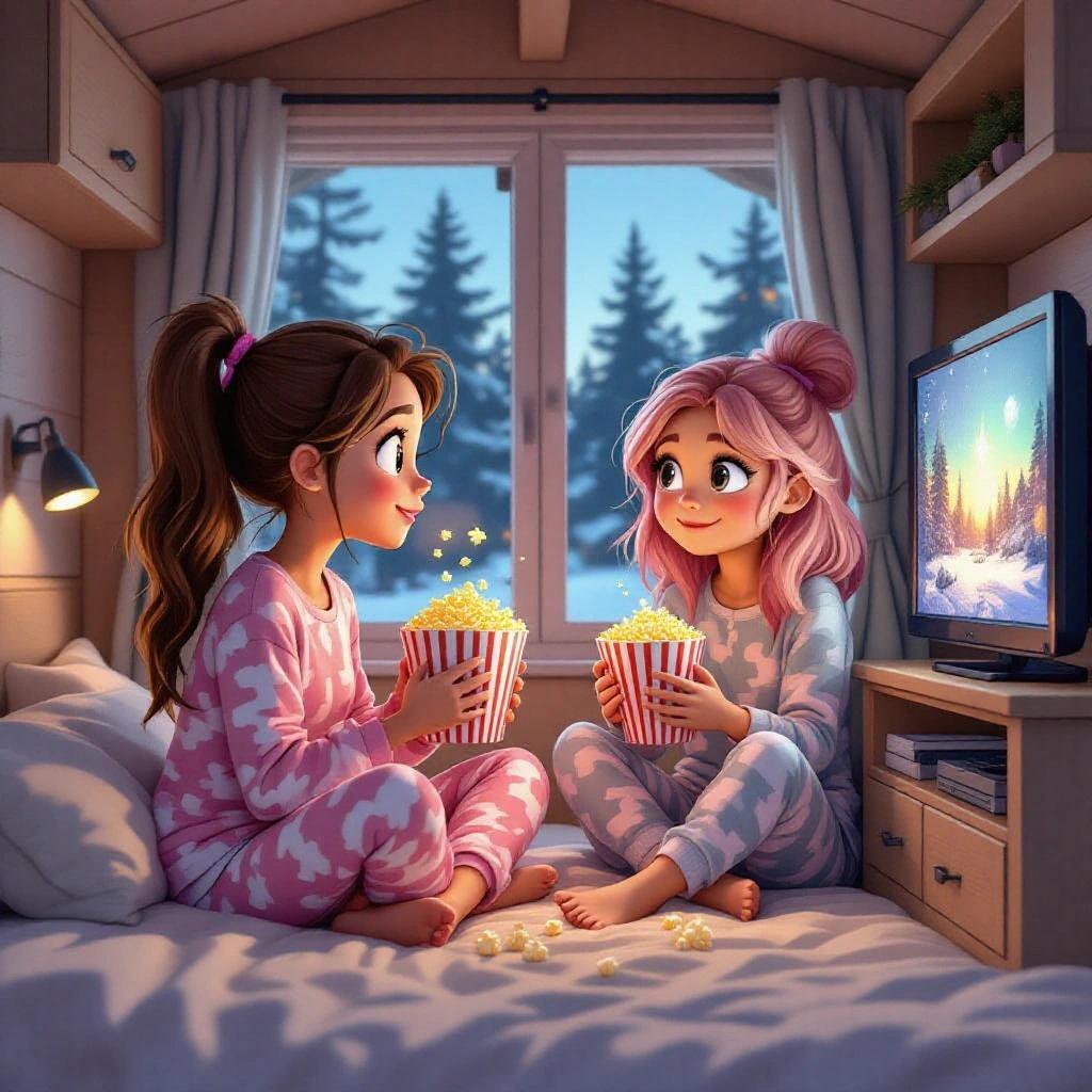 Two cartoon girls enjoy popcorn on a bed inside a static caravan. They watch a movie on TV in a cozy setting. One girl has long dark blonde hair in a ponytail, wearing pink pajamas. The other has short pink hair in a bob cut, wearing grey pajamas.