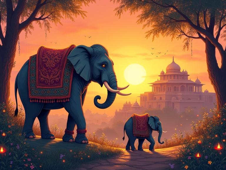 Anime-style illustration featuring Indian elephants parent and calf in magical landscape during golden hour. Rich colors of saffron, emerald, and deep violet. Elder elephant has intricate patterns and traditional saddlebags. Surroundings blend real Indian flora with fantasy elements. Sprite plays bansuri near ancient stepwells reflecting stars. The scene has soft glow effects and warm lighting. Intimate character focus with detailed environment. Ukiyo-e influenced linework with digital textures.