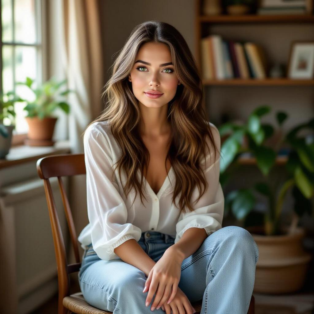 Young woman seated on a wooden chair in a softly lit room. She has long brown hair and fair skin. She wears a delicate sheer blouse and light jeans. One leg is crossed over the other. Natural light from the window falls softly around her. The room has warm tones with a bookshelf and potted plants in the background. The image shows realistic photography with high detail and shallow depth of field.