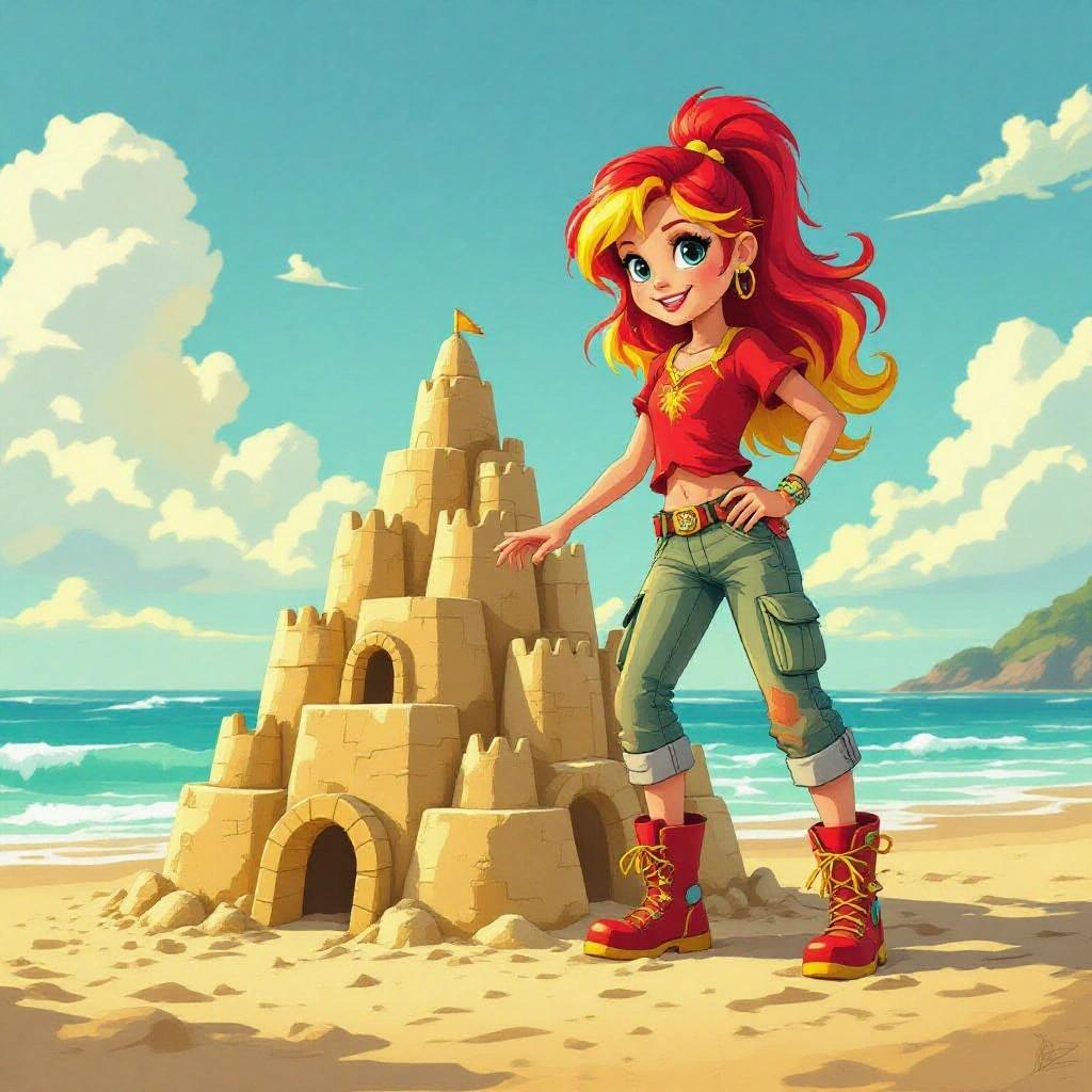 Sunset Shimmer builds a sandcastle at the beach. Character has red and yellow hair. Wearing a red and yellow shirt, cargo pants, dark-grey socks, shiny red hiking boots. Sunny beach background.