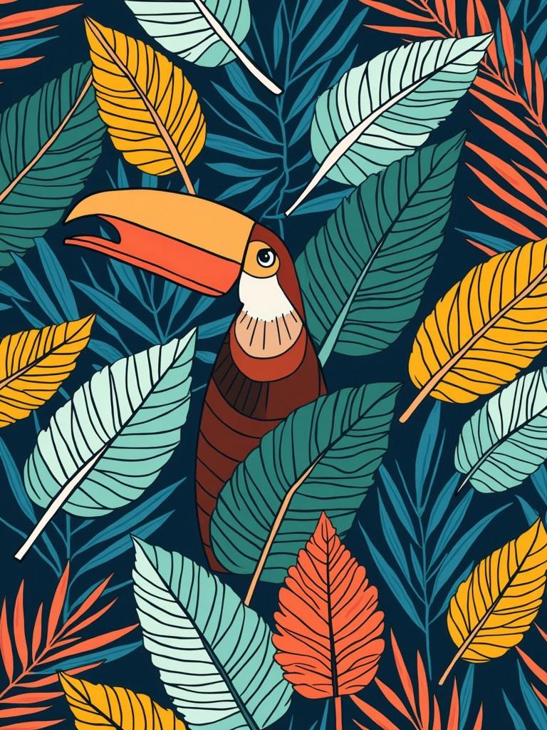 Abstract geometric pattern inspired by tropical nature. Features colorful leaves and a toucan bird prominently. Bright colors against a dark background.