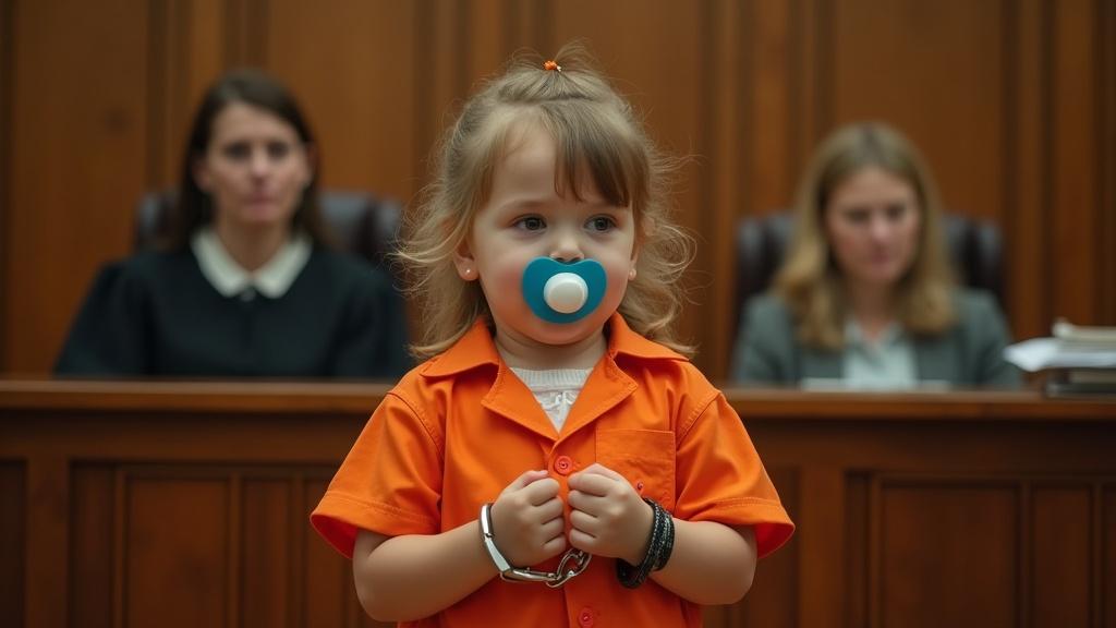 A young girl plays a prisoner wearing an orange jumpsuit and handcuffs. She appears emotional and is holding a large pacifier. A woman in a judge's robe sits in the background. The setting has wooden panels and chairs reminiscent of a courtroom atmosphere.