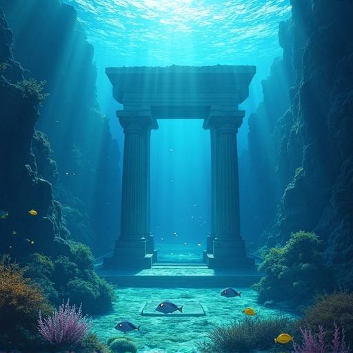 High-detail concept art of an underwater temple representing the ancient city of Atlantis. Depiction of the majestic city on a dramatic scale with blue hues and fish surrounding a coral reef. Incorporation of Greek architecture illuminated by heavenly rays and cinematic lighting in the style of Studio Ghibli.