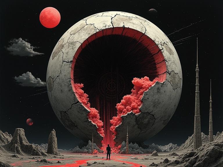 Surreal abstract visual illustrating themes from 'The Dead Flag Blues'. Negative space with black void. Red and grey pulses. Monolithic shapes drifting apart. Cracked orb leaks black ink into smoke figures. Static lines like rivers. Abstracted flag made of torn text. Symbols of decay emerge. An eye without iris and compass pointing inward. No horizon present. Continuous falling sensation instead of ground. Cold light bursts through to interrogate the scene.