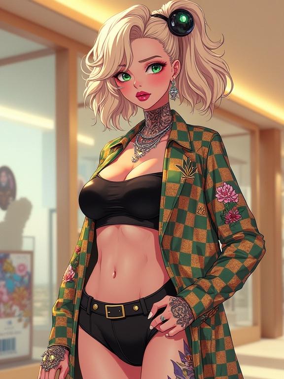 Anime character in futuristic setting. Woman with emerald green eyes and light blonde curly hair. Wearing a checkered printed shirt and shiny belt shorts. Showcasing colorful tattoos. Inside a luxurious Louis Vuitton store at noon. Summer vibes with modern style. Living as an A-list celebrity.