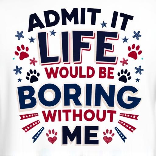 Fun loving confident design features quote 'Admit It Life Would Be Boring Without Me'. Surrounded by stars and paw prints. Ideal for pet lovers and proud Americans. Great gift for sassy friends and animal owners.