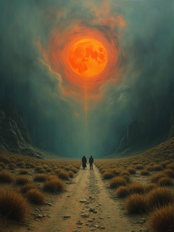 A surrealist painting depicts a haunting landscape with a glowing orange sun. Two figures stand on a dirt road, observing the scene. Surrounding environment illustrates themes of suffering, fear and the passage of time.