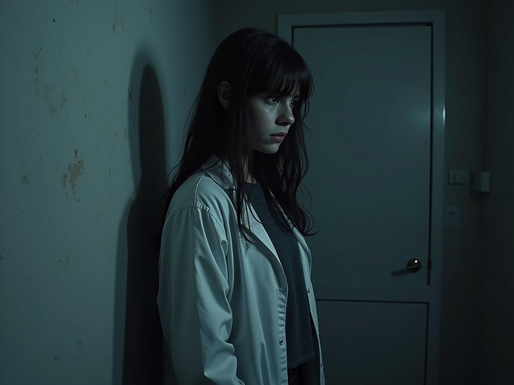 In a dimly lit room, a girl with long, unkempt hair is standing against a pale wall. She is wearing a white lab coat that contrasts with the dark surroundings. The atmosphere is thick with tension, reminiscent of 90s indie horror games, with shadows flickering ominously around her. Her expression is serious yet haunted, as if she holds a dark secret related to her scientific studies. The overall tone is gritty and unsettling, resembling the pixelated aesthetic of early horror video games.