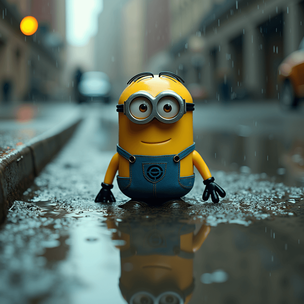 A Minion joyfully stands in a rainy city street, reflected in a puddle.